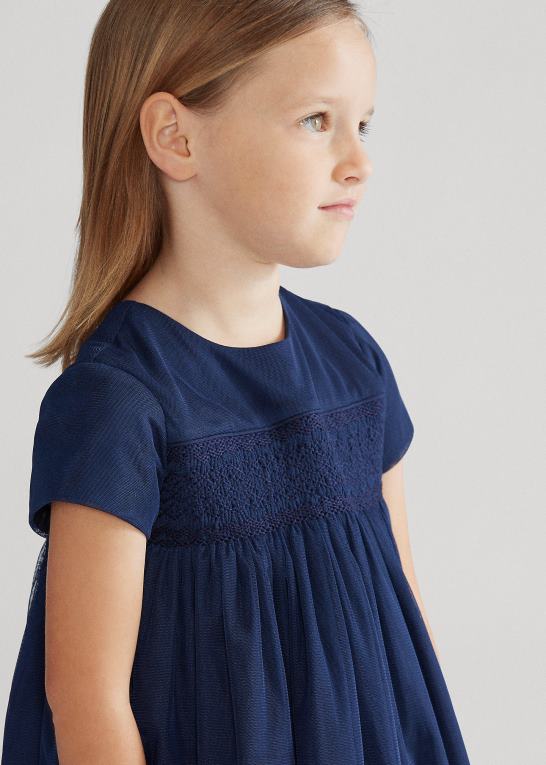 raffineret flåde børn Ralph Lauren broderet tyl a-line kjole Z426B6782