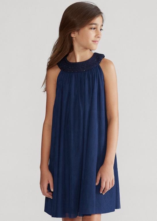 raffineret flåde børn Ralph Lauren håndsmokket tylkjole Z426B7023