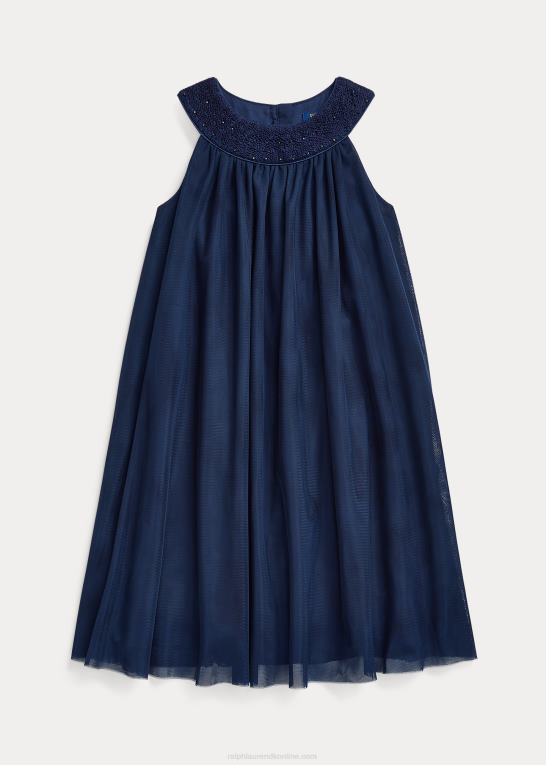 raffineret flåde børn Ralph Lauren håndsmokket tylkjole Z426B7023