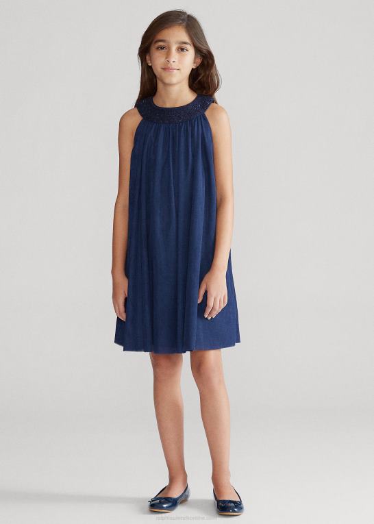 raffineret flåde børn Ralph Lauren håndsmokket tylkjole Z426B7023