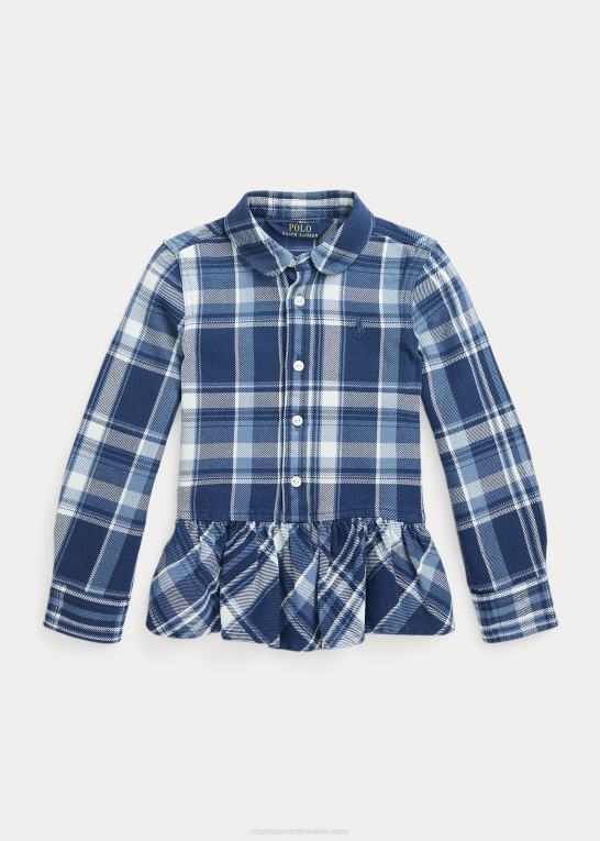 blå/creme multi børn Ralph Lauren plaid peplum-søm bomuldsskjorte Z426B7453