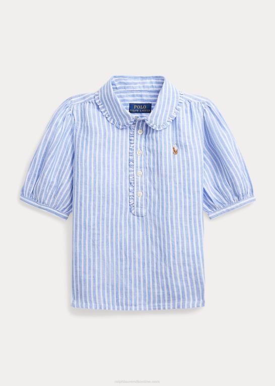 blå/hvid børn Ralph Lauren stribet linned kortærmet skjorte Z426B7364