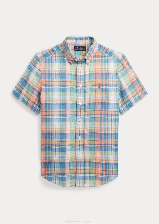 blå/orange multi børn Ralph Lauren kortærmet skjorte i plaid hør Z426B6086