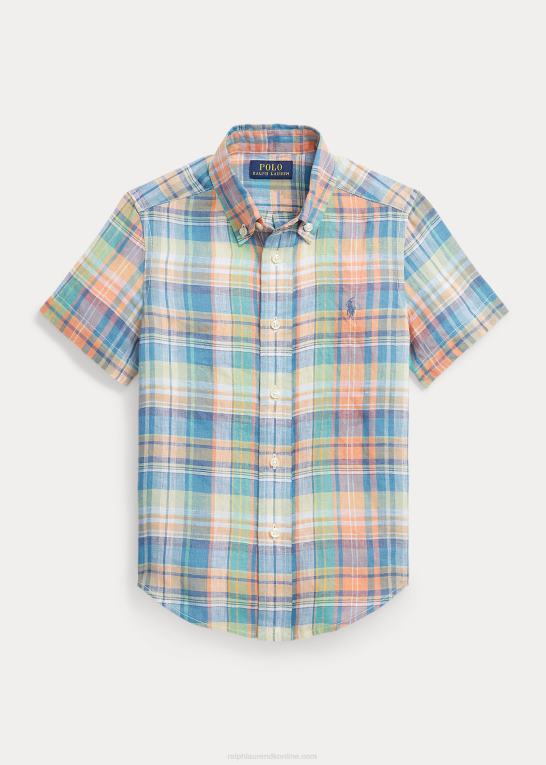 blå/orange multi børn Ralph Lauren kortærmet skjorte i plaid hør Z426B9761