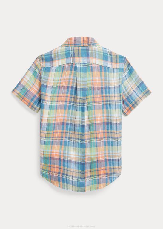 blå/orange multi børn Ralph Lauren kortærmet skjorte i plaid hør Z426B9761