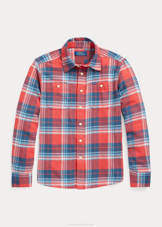 rød/blå multi børn Ralph Lauren plaid ydeevne arbejdsskjorte i bomuldstwill Z426B9931