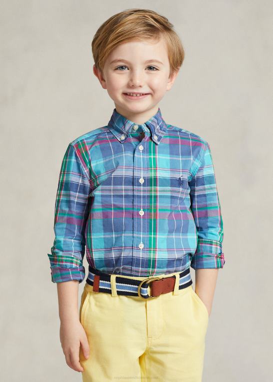 turkis/mørk pink børn Ralph Lauren plaid bomuld poplin skjorte Z426B6429