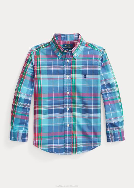 turkis/mørk pink børn Ralph Lauren plaid bomuld poplin skjorte Z426B6429