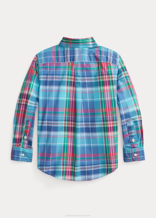 turkis/mørk pink børn Ralph Lauren plaid bomuld poplin skjorte Z426B6429