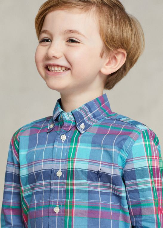 turkis/mørk pink børn Ralph Lauren plaid bomuld poplin skjorte Z426B6429