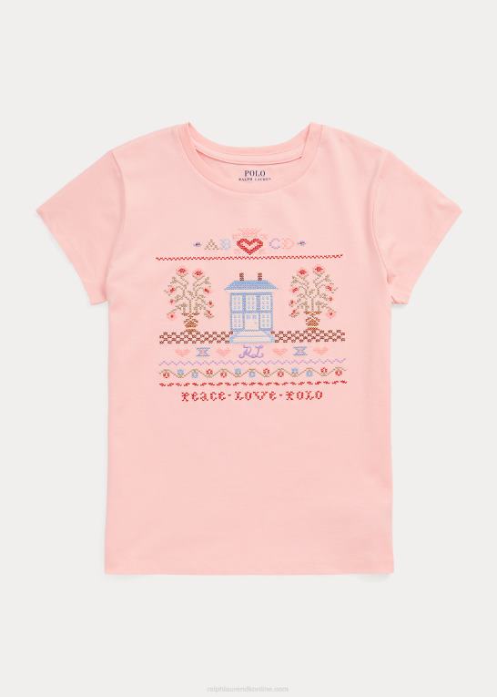 lyserødt sand børn Ralph Lauren T-shirt i broderet bomuldsjersey Z426B7596