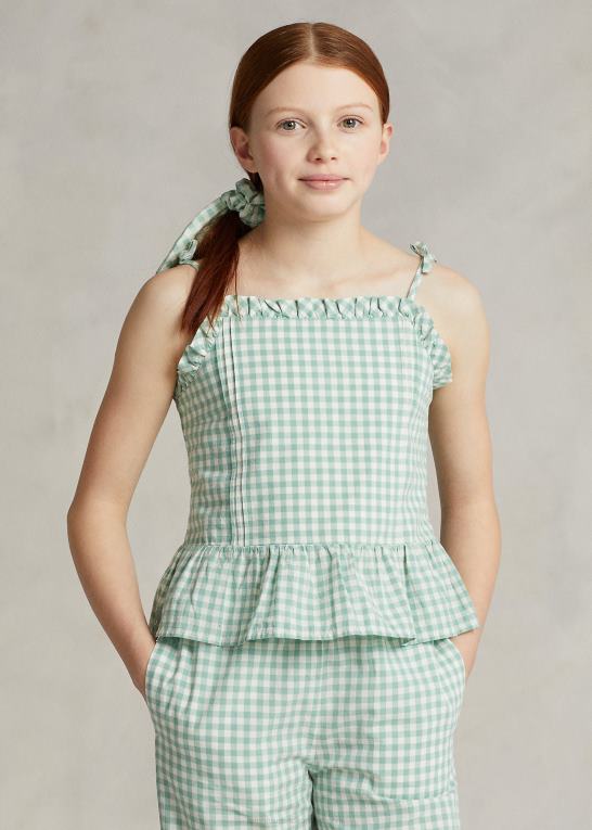 falmet mint/dækvask hvid børn Ralph Lauren Gingham bomuld madras peplum top Z426B6726