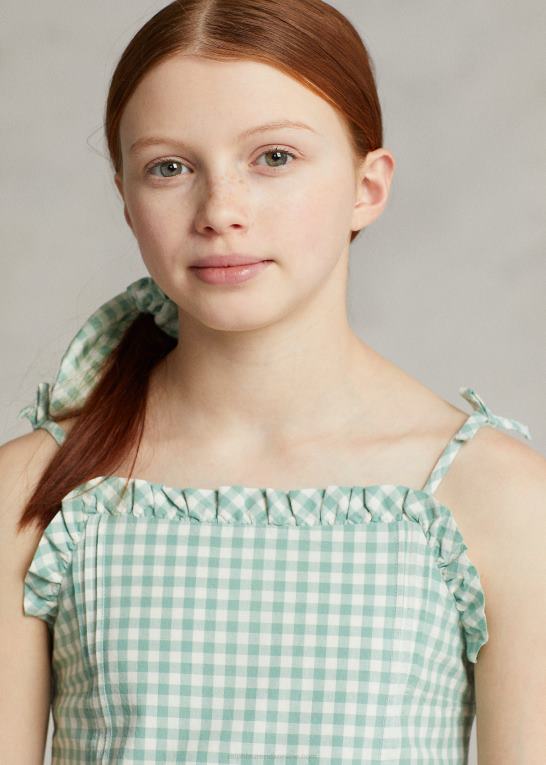 falmet mint/dækvask hvid børn Ralph Lauren Gingham bomuld madras peplum top Z426B6726