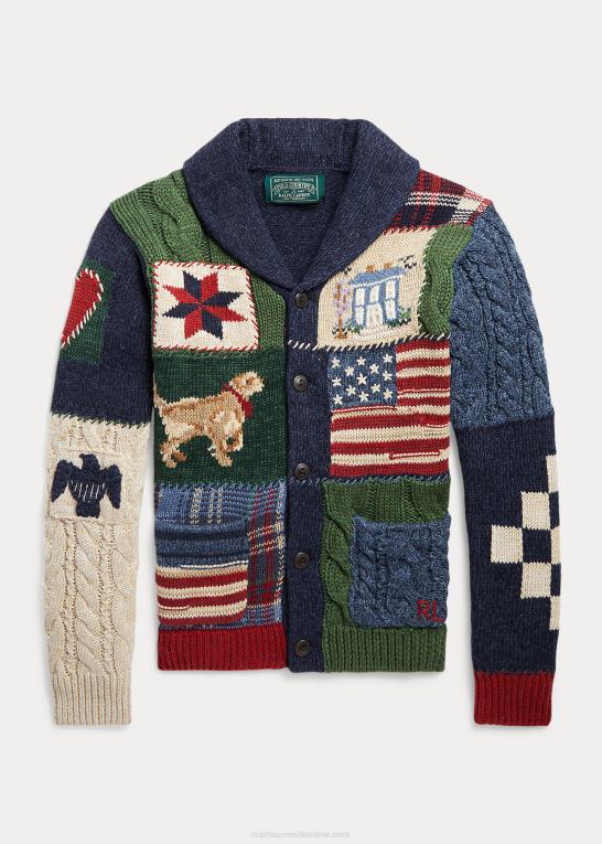 tan multi børn Ralph Lauren patchwork sjalcardigan i bomuldsblanding Z426B6590