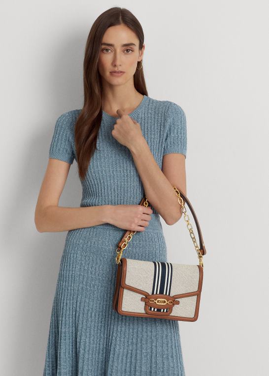 tan/marine Kvinder Ralph Lauren stribet canvas medium sydnee taske Z426B5387