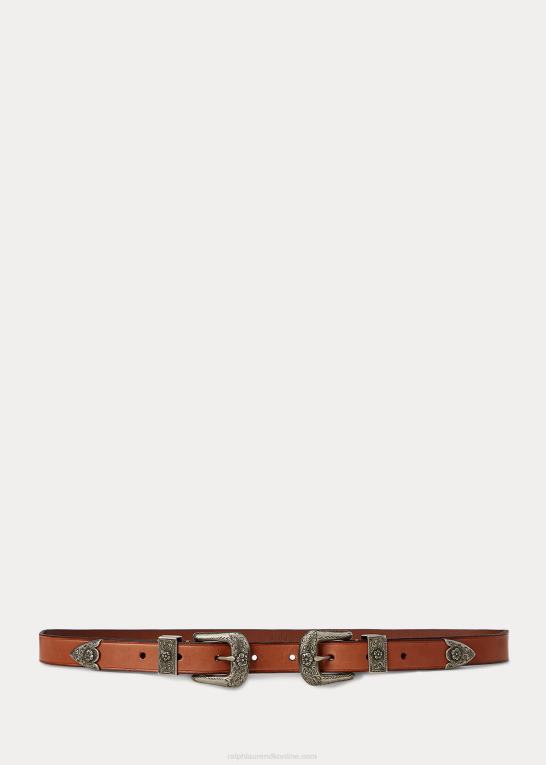 cuoio Kvinder Ralph Lauren western kalveskinds bælte med dobbelt spænde Z426B5571