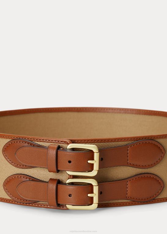 khaki/tan Kvinder Ralph Lauren læderbeklædt twill bredt bælte Z426B4939