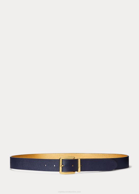 moderne guld/raffineret navy Kvinder Ralph Lauren vendbart læderbælte med krydsskravering Z426B4948