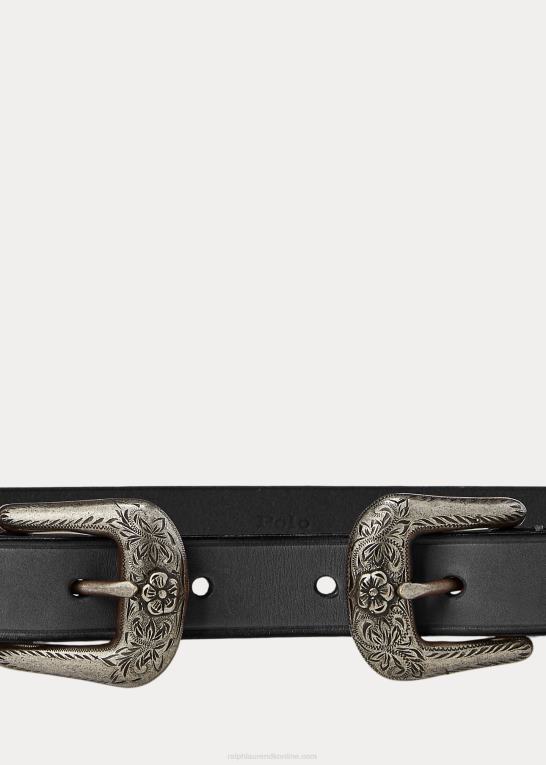 sort Kvinder Ralph Lauren western kalveskinds bælte med dobbelt spænde Z426B5570