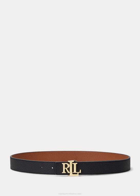 sort/tan Kvinder Ralph Lauren logo vendbart læderbælte med småsten Z426B4938