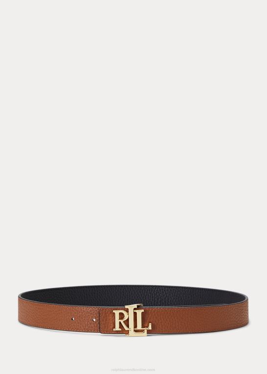 sort/tan Kvinder Ralph Lauren logo vendbart læderbælte med småsten Z426B4938