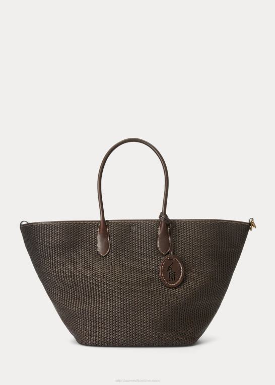 chokolade Kvinder Ralph Lauren læderbeklædt halm stor bellport-tote Z426B5223