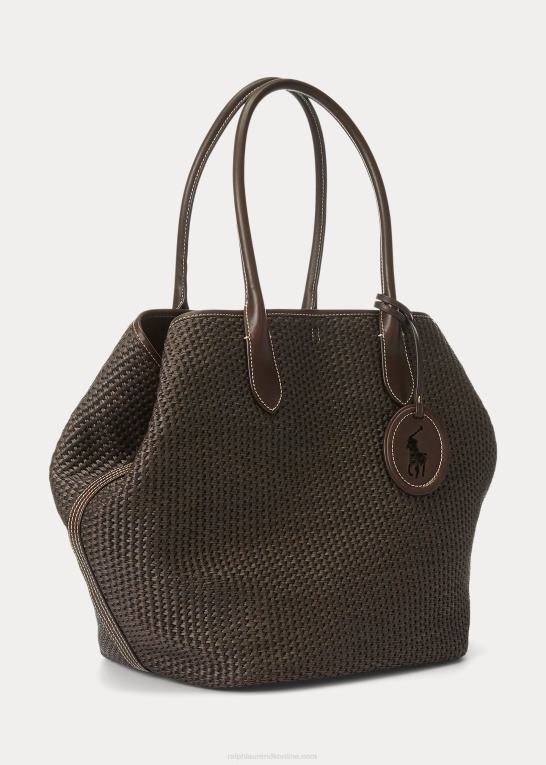 chokolade Kvinder Ralph Lauren læderbeklædt halm stor bellport-tote Z426B5223