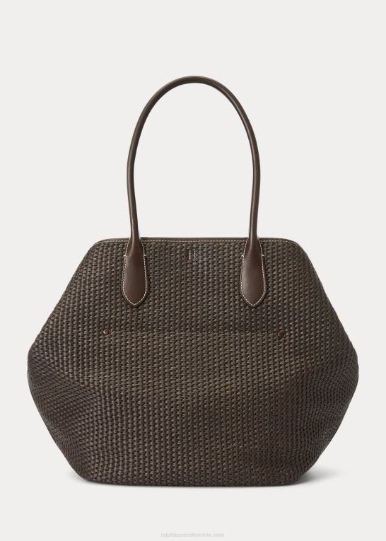 chokolade Kvinder Ralph Lauren læderbeklædt halm stor bellport-tote Z426B5223