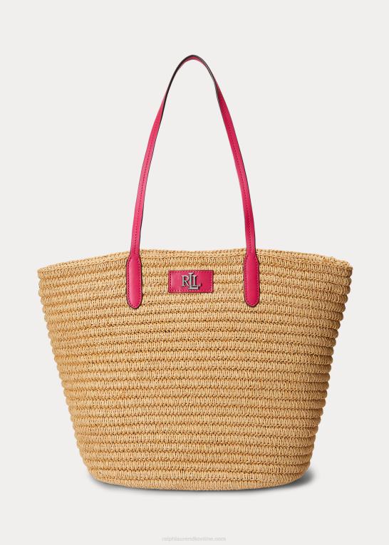 natur/sport pink Kvinder Ralph Lauren læderbeklædt strå stor brie-tote-taske Z426B5422