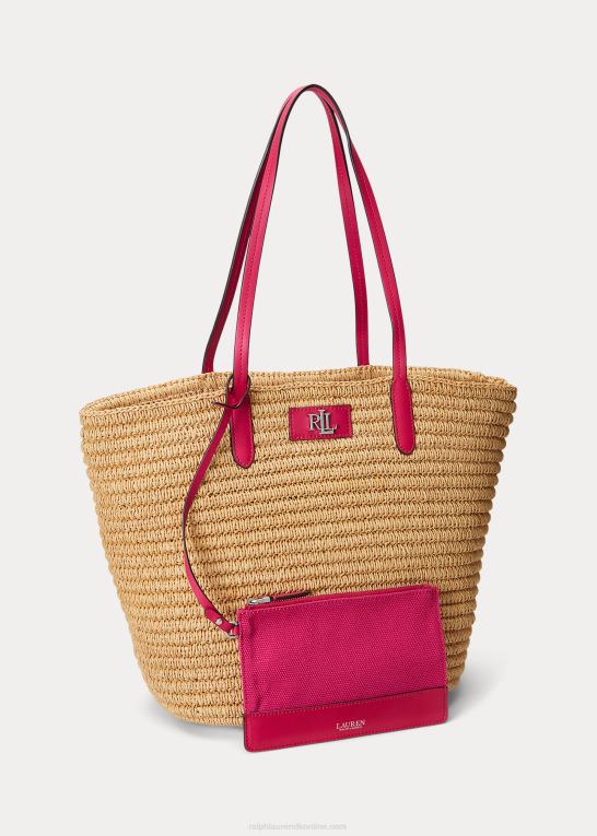 natur/sport pink Kvinder Ralph Lauren læderbeklædt strå stor brie-tote-taske Z426B5422