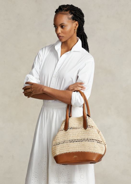 naturlig/cuoio Kvinder Ralph Lauren mellemlang bellport-tote i raffia-læder Z426B5197