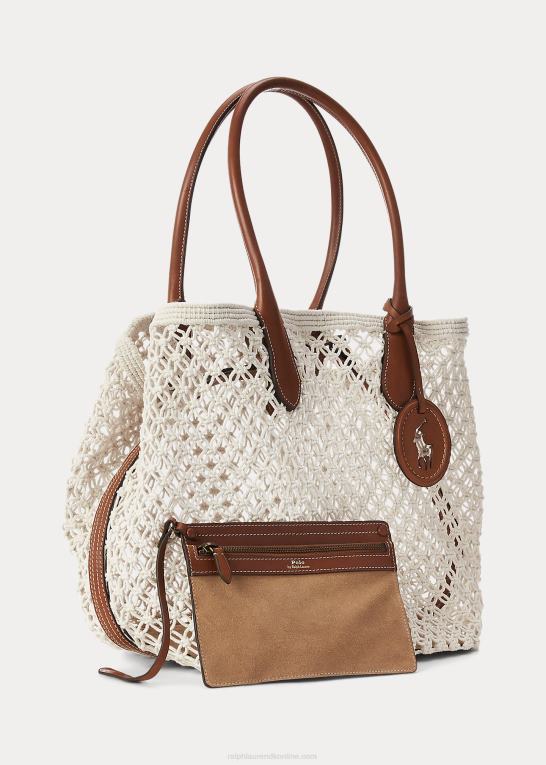 pergament creme Kvinder Ralph Lauren læderbeklædt hæklet stor bellport-tote Z426B5190