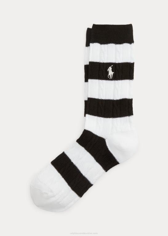 hvid sort Kvinder Ralph Lauren rugby stribe kabelstrikkede crew sokker Z426B5511
