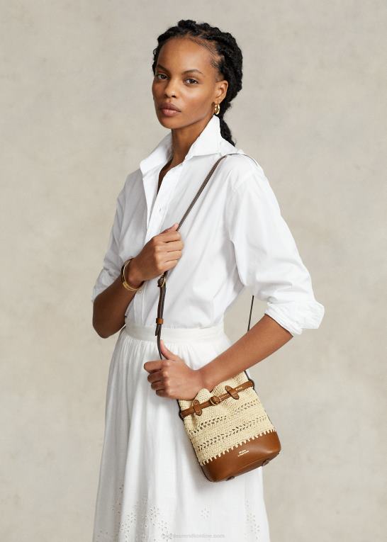 naturlig/cuoio Kvinder Ralph Lauren lille bellport bøttetaske i raffia-læder Z426B5199