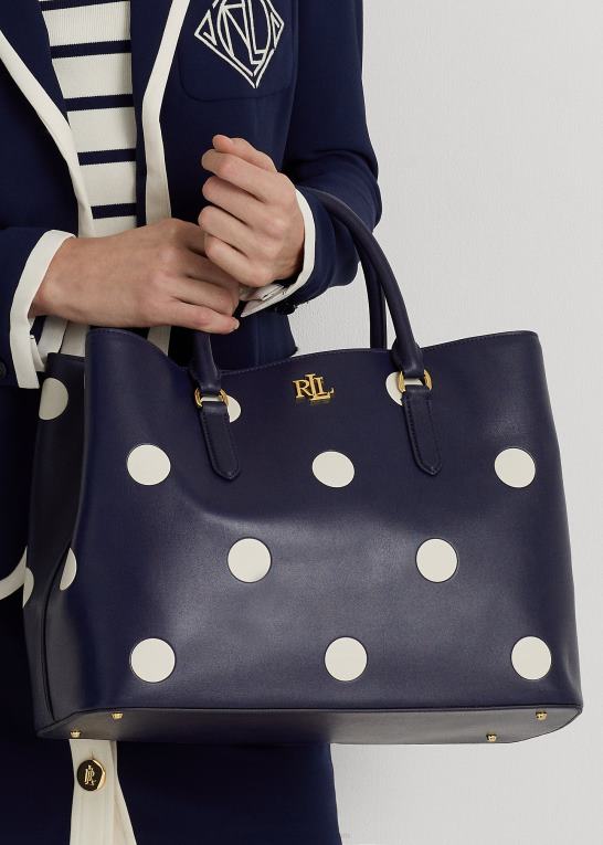 raffineret navy/vanilje Kvinder Ralph Lauren stor marcy-taske i polkaprikket læder Z426B5364