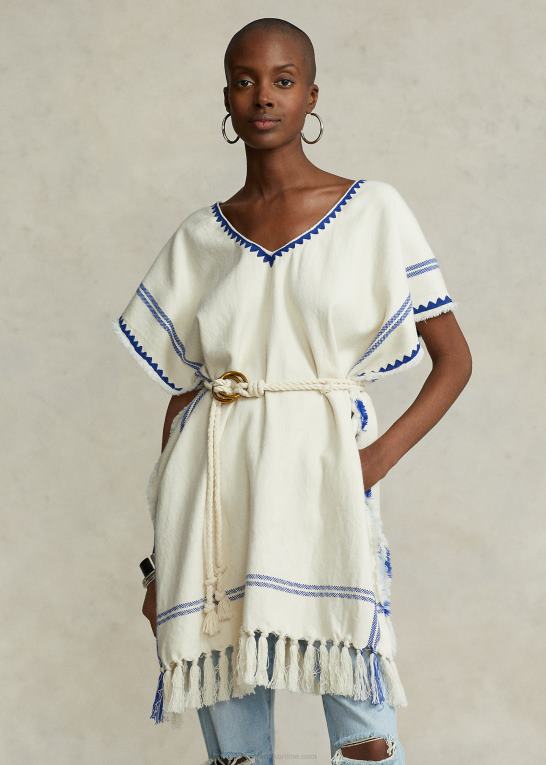 creme/blå Kvinder Ralph Lauren kvast vævet bomuld Tabard poncho Z426B5470