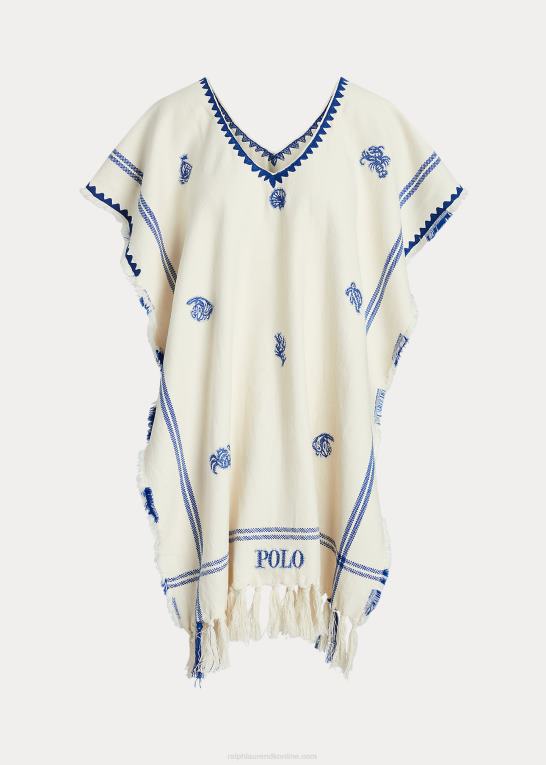 creme/blå Kvinder Ralph Lauren kvast vævet bomuld Tabard poncho Z426B5470