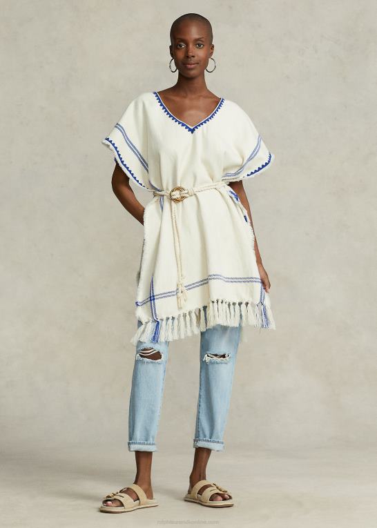 creme/blå Kvinder Ralph Lauren kvast vævet bomuld Tabard poncho Z426B5470