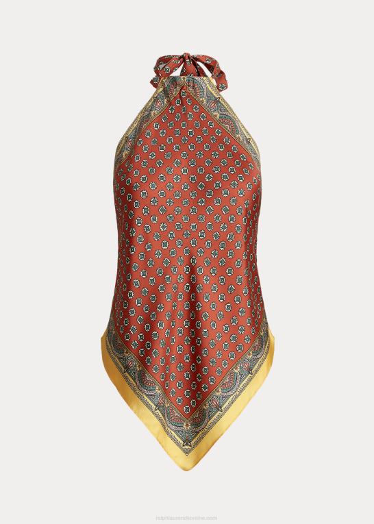 brunt blomstret tørklædeprint Kvinder Ralph Lauren halstørklæde-motiv mulberry silke top Z426B9207