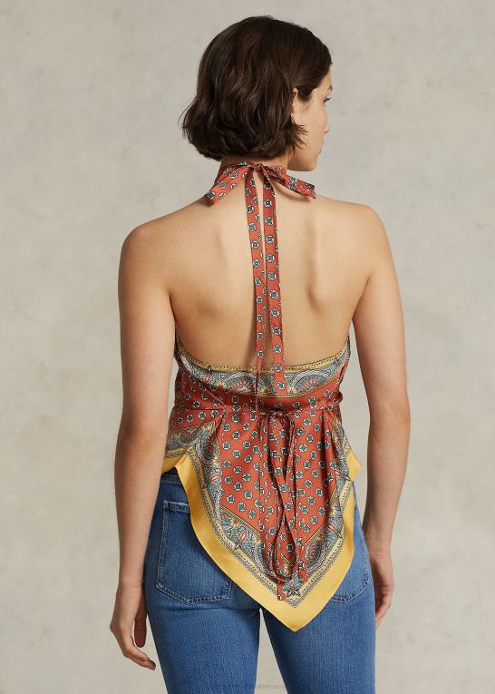 brunt blomstret tørklædeprint Kvinder Ralph Lauren halstørklæde-motiv mulberry silke top Z426B9207