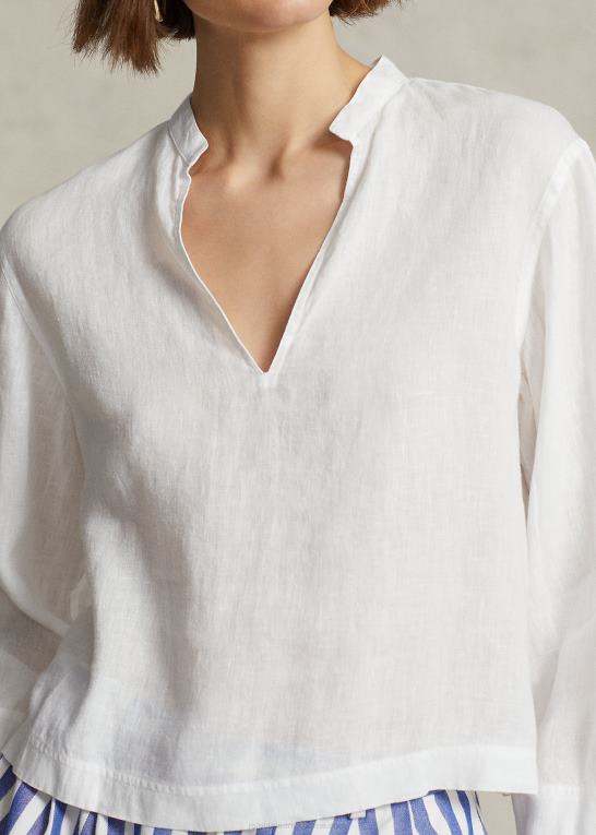 hvid Kvinder Ralph Lauren cropped afslappet pasform linned top Z426B3019