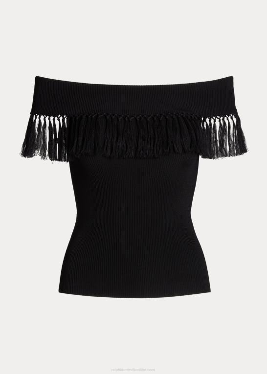 sort Kvinder Ralph Lauren top uden for skulderen med frynser Z426B4361