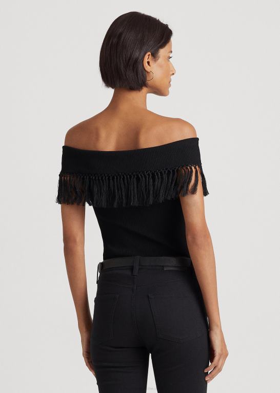sort Kvinder Ralph Lauren top uden for skulderen med frynser Z426B4361