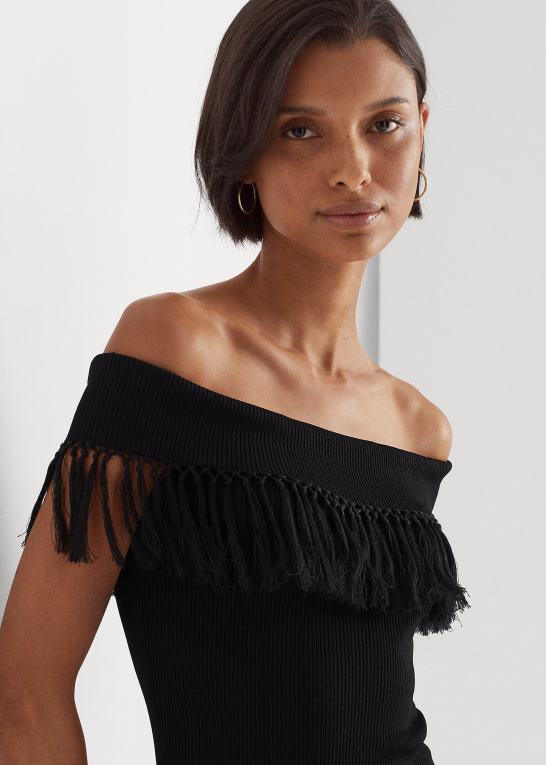 sort Kvinder Ralph Lauren top uden for skulderen med frynser Z426B4361