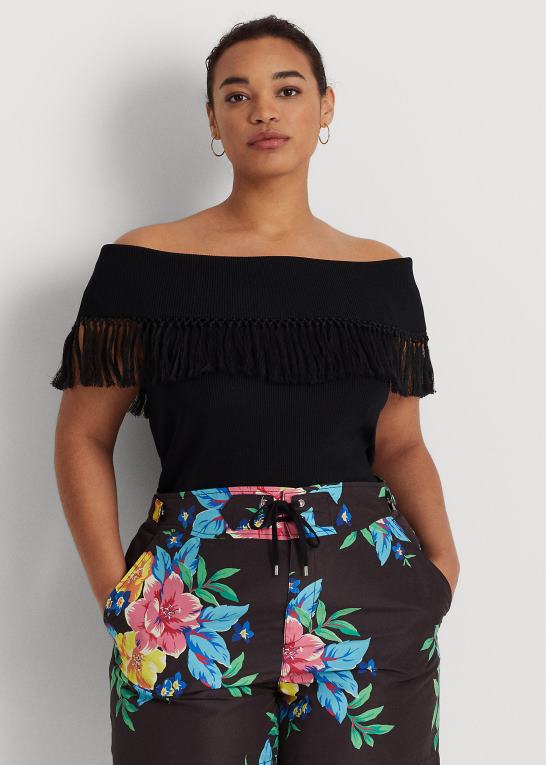 sort Kvinder Ralph Lauren top uden for skulderen med frynser Z426B4536