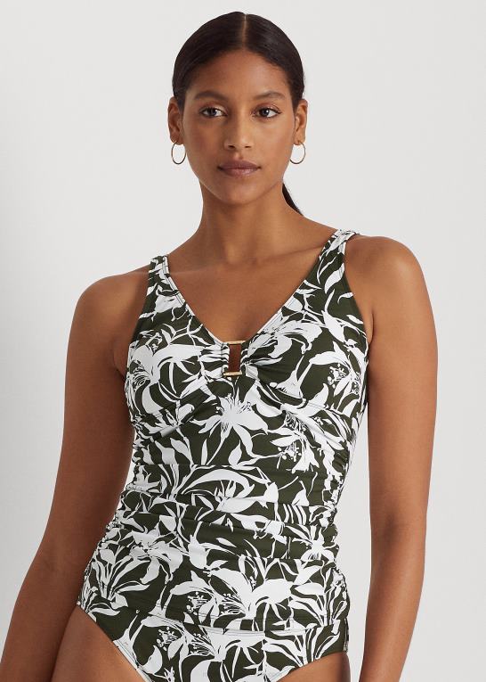 oliven Kvinder Ralph Lauren blomstret tankini med rynket ring foran Z426B9434