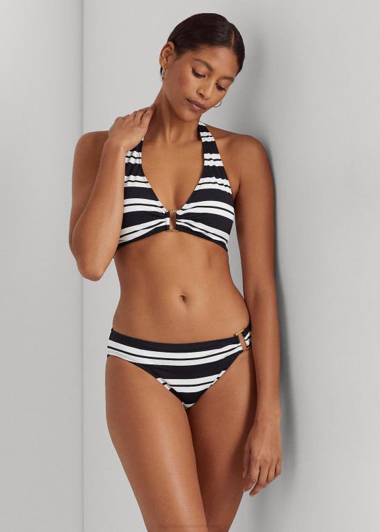 sort hvid Kvinder Ralph Lauren stribet hipster bikiniunderdel med ring foran Z426B4186