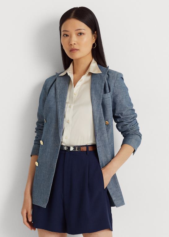 berylblå vask Kvinder Ralph Lauren dobbeltradet chambray blazer Z426B4828