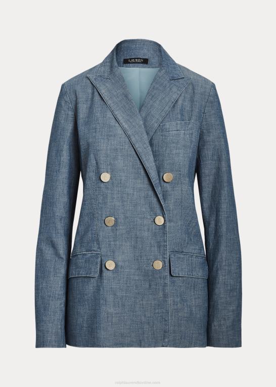 berylblå vask Kvinder Ralph Lauren dobbeltradet chambray blazer Z426B4828
