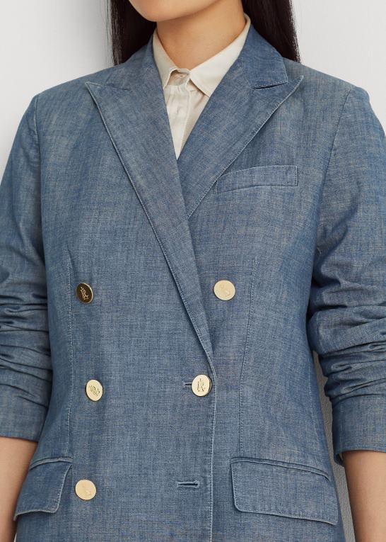 berylblå vask Kvinder Ralph Lauren dobbeltradet chambray blazer Z426B4828